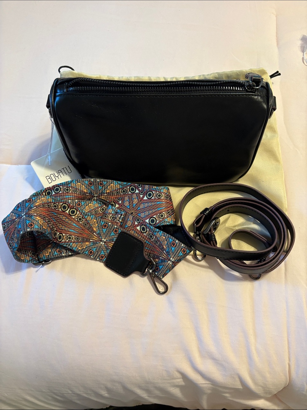Black Leather Satchel with Removable Patterned Strap